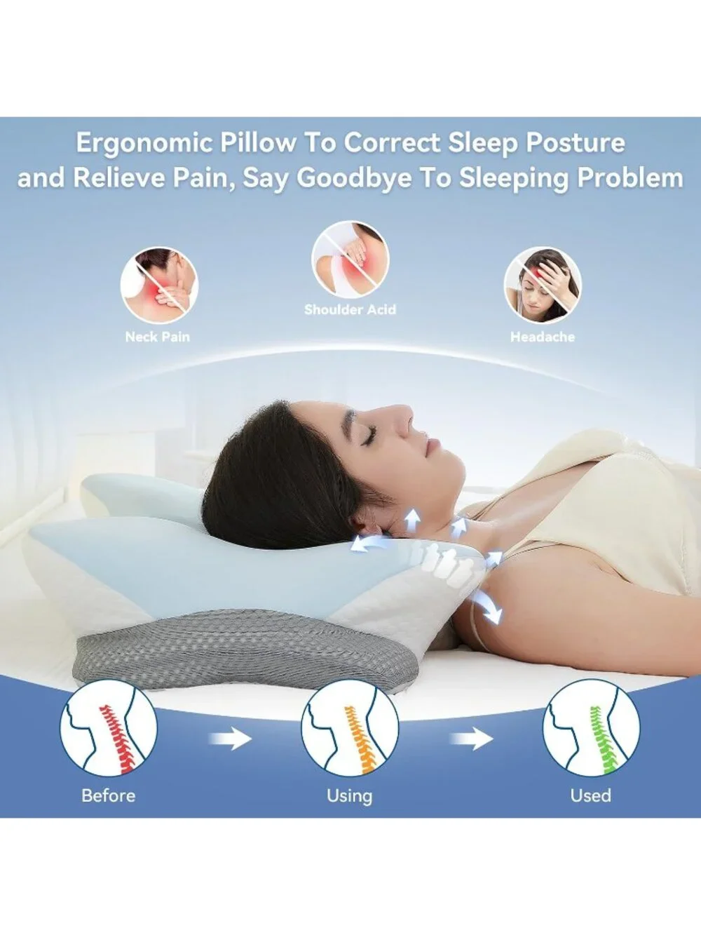 〽️Memory Foam Cervical Pillow Contour Orthopedic Neck Pain Relief Shoulder Grey